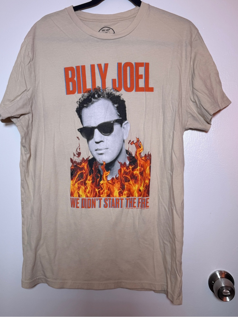 Billy Joel Graphic Tee We didn't start the fire- Beige with Orange Print Large